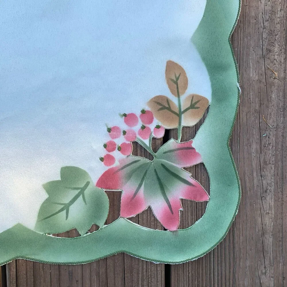 Vintage German Cream Square Tablecloth Topper Leaves Berries Cut Outs 33” X 33”